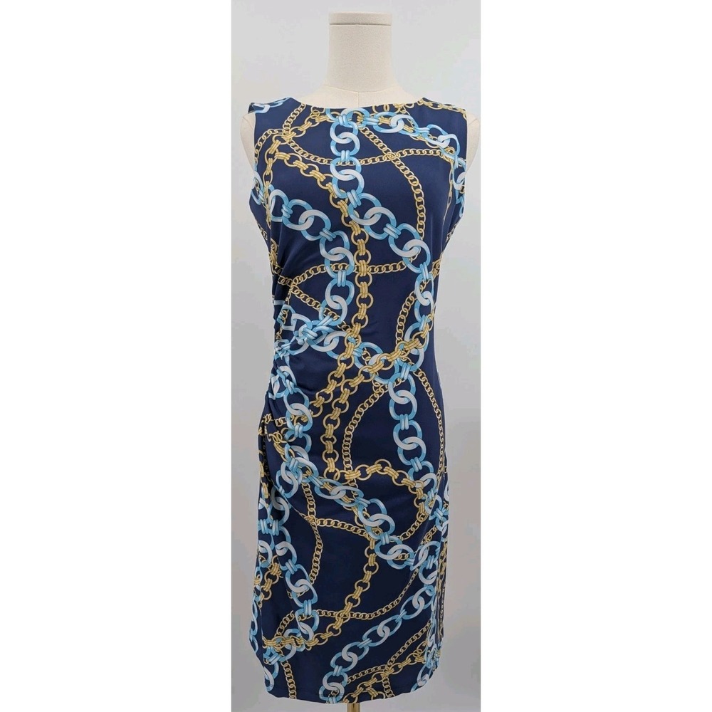 J.McLaughlin Blue Chain Print Sheath Dress Size S Nylon Stretchy Ruched Side‎